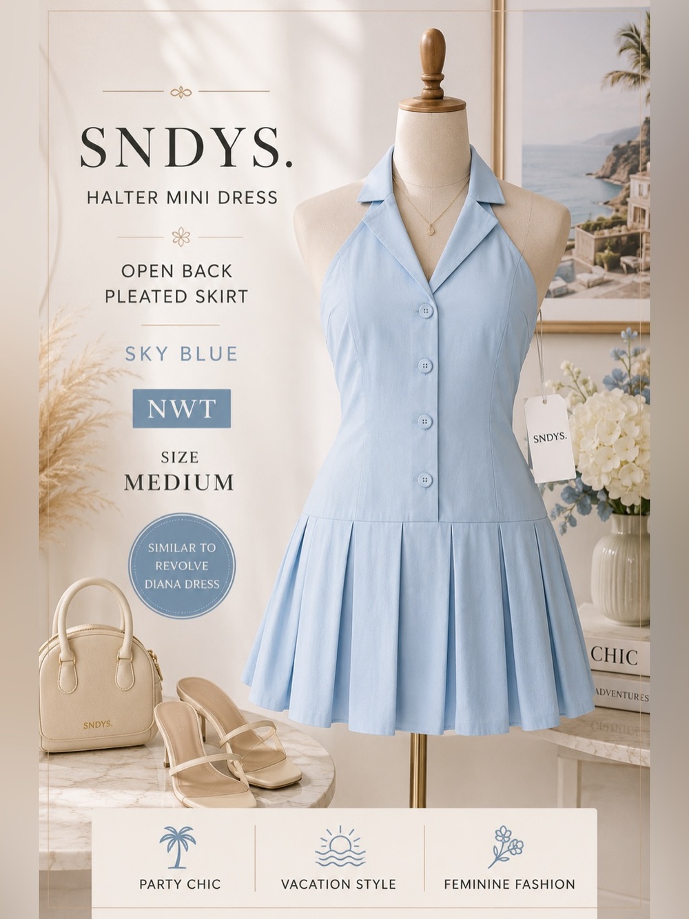 SNDYS Sky Blue Halter Pleated Mini Dress Open Back NWT Medium